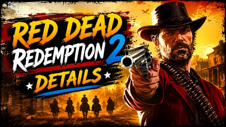 Red Dead Redemption 2 Details thumbnail featuring a cowboy aiming a revolver, a Wild West town and horse riders in the background, with bold yellow, white, and blue “Red Dead Redemption 2 Details” text.