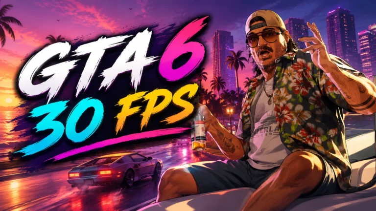 GTA 6 30 FPS feature image showing a neon-lit Vice City scene, sports car, palm trees, and a character with bold “GTA 6 30 FPS” text.
