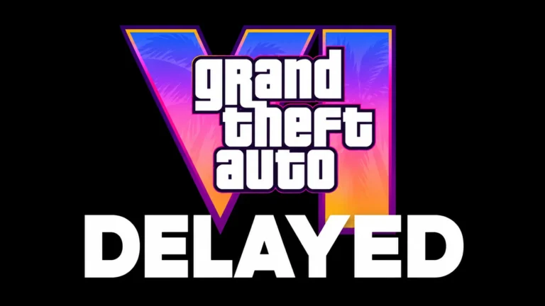 GTA 6 Delayed logo featuring the Grand Theft Auto VI design with bold white “DELAYED” text on a black background.