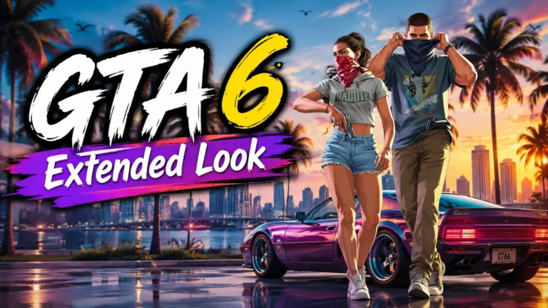 GTA 6 Extended Look promotional featured image showing two masked characters standing in front of a purple sports car, with a tropical city, palm trees, sunset sky, and bold GTA 6 Extended Look text.
