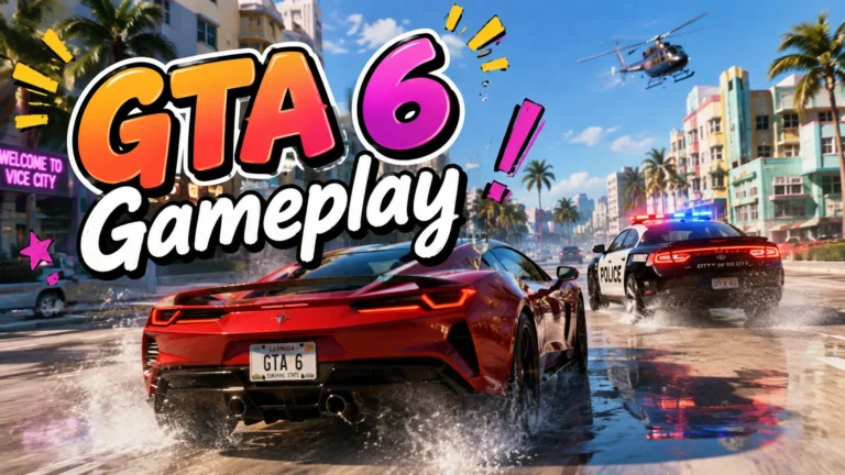 GTA 6 Gameplay featuring a red sports car speeding through a vibrant Vice City-inspired street with a police chase, palm trees, helicopter, and colorful city buildings.
