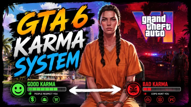 GTA 6 Karma System thumbnail featuring a woman in an orange prison outfit, GTA 6 logo, and contrasting Good Karma and Bad Karma themes with neon city and police backgrounds.
