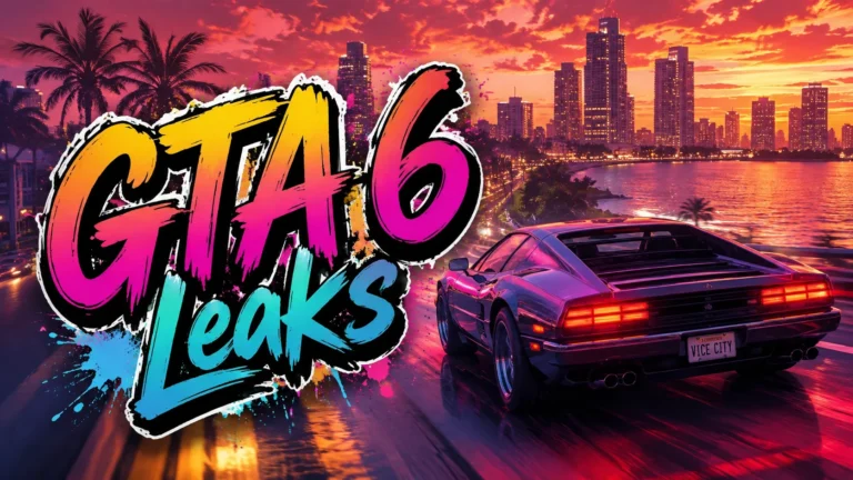 GTA 6 Leaks feature image with a neon Miami-style city skyline, waterfront, palm trees, and a sports car at sunset.