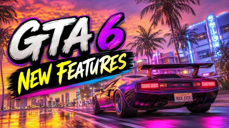 GTA 6 New Features featuring a neon Vice City-inspired cityscape, palm trees, sunset, and a futuristic sports car on a wet street.