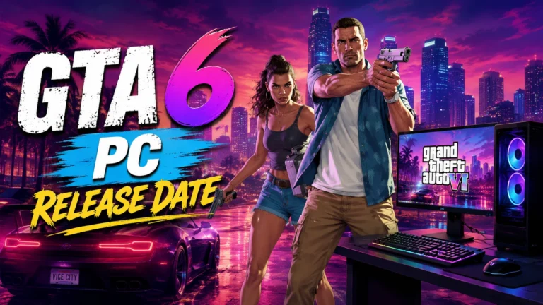 : GTA 6 PC Release Date feature image showing two characters, a neon-lit Vice City skyline, sports car, and gaming PC setup with bold “GTA 6 PC Release Date” text.