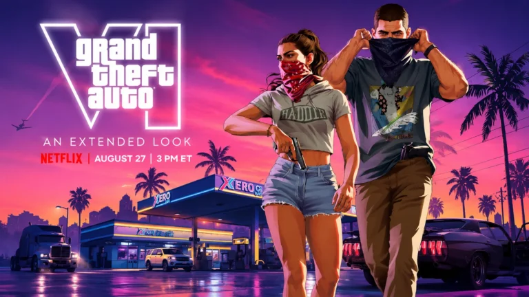 GTA 6 Trailer 3 Extended Look GTA 6 inspired Grand Theft Auto VI extended look artwork featuring two masked characters standing at a neon-lit gas station during a vibrant pink and purple sunset.