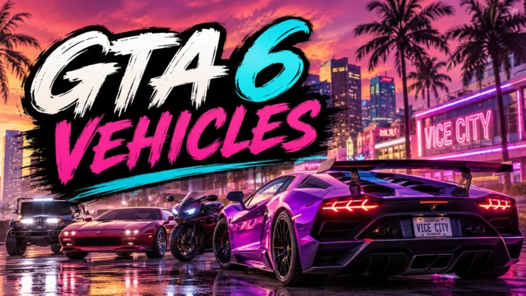 GTA 6 Vehicles featuring a neon Vice City-inspired cityscape with palm trees, a purple supercar, red sports car, motorcycle, SUV, and bold graffiti-style “GTA 6 Vehicles” text.
