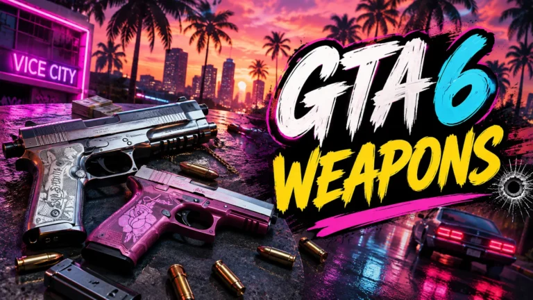 GTA 6 Weapons featuring two pistols, ammunition, cash, and a neon-lit Vice City-inspired background with bold graffiti-style text.
