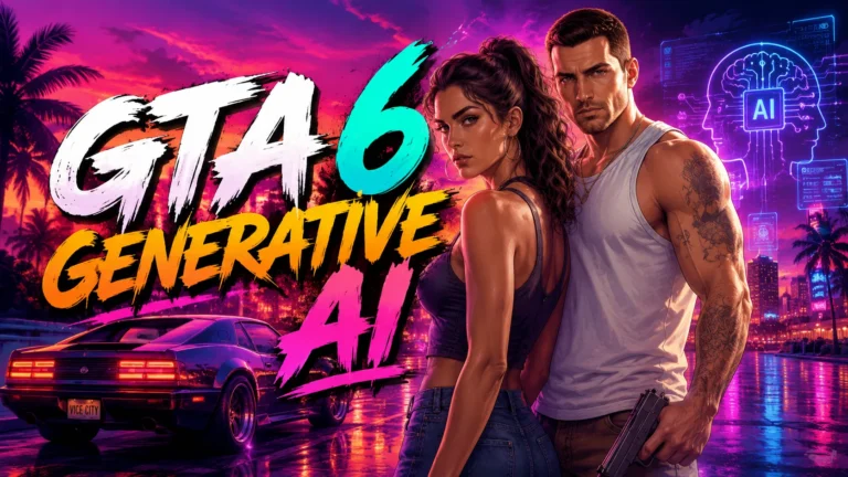GTA 6 AI feature image showing two characters, a neon Vice City-inspired skyline, sports car, AI graphics, and bold “GTA 6 Generative AI” text.